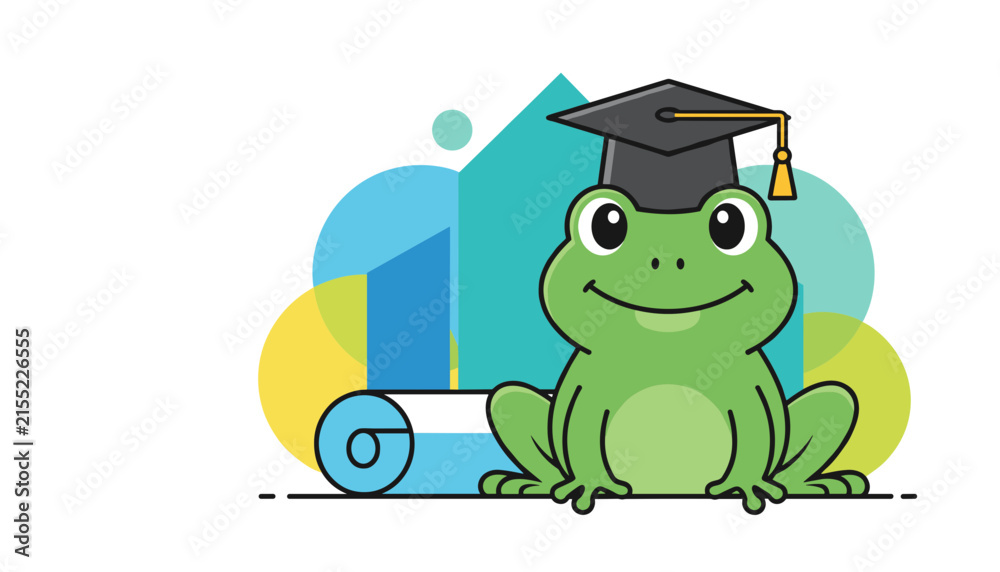 Obraz premium Cute green frog wearing a black graduation cap sitting happily next to architectural blueprints and city buildings.
