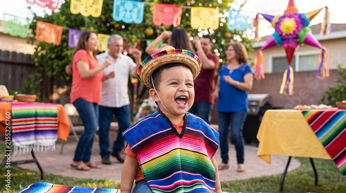 Hispanic Heritage Month features a laughing Latinx toddler in serape poncho and sombrero for cultural celebration banner