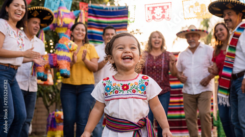 Hispanic Heritage Month features a joyful Latinx toddler in sash and dancing family with pi?ata for festive poster