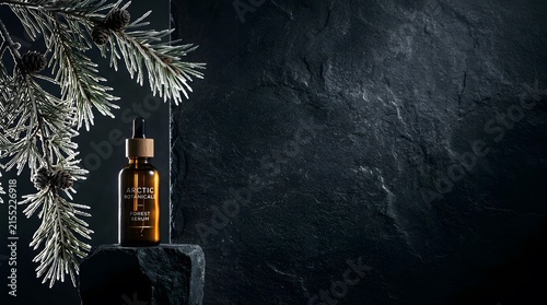 A dimly lit atmospheric halloween scene featuring a bottle of amber colored liquid possibly whiskey or brandy alongside autumnal foliage evoking a sense of