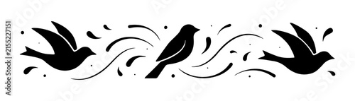 Decorative Bird Divider with Dynamic Swirls - Flying Birds Nature Ornament Silhouette Vector.