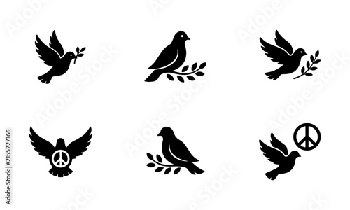 Peace Dove Silhouette Icon Set - Pigeon with Olive Branch and Peace Symbol Vector.