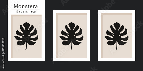 Photography Monstera leaf silhouettes in beige frames a minimalist wall art arrangement
