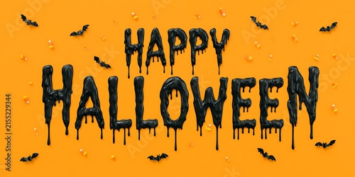 Happy Halloween text rendered in black melting liquid against vibrant orange background with tiny bats