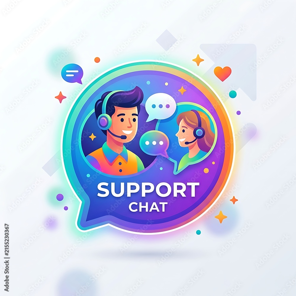 Naklejka premium Vibrant customer support chat icon featuring male and female operators with headsets in a colorful speech bubble