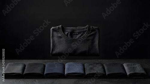 A strikingly minimalist still life composition featuring a black tote bag prominently displayed against a dark textured wall accompanied by a series of neatly