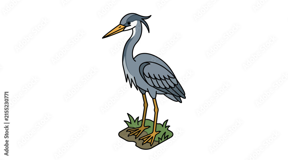 Obraz premium Grey heron standing on grassy ground cartoon illustration
