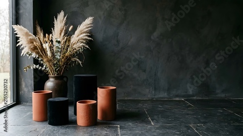 A captivating still life showcasing a collection of rustic ceramic vessels and dried pampas grass creating a warm and inviting autumnal aesthetic in a