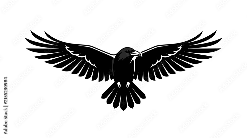 Obraz premium Black Raven Vector Illustration with Spread Wings Isolated on White Background for Logo or Mascot