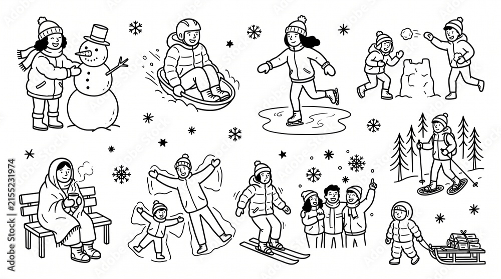 Fototapeta premium a set of black and white line art illustrations of people enjoying winter snow activities