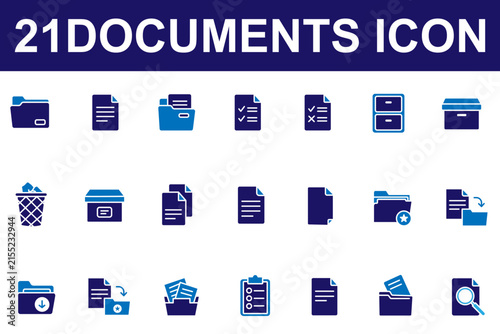 Document and file management icon set. Document, file, folder, report, form, contract, archive, upload, inbox, certificate. Editable icons collection. Vector.
