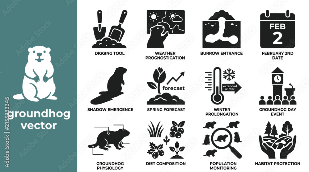 Fototapeta premium Groundhog vector icons for seasonal weather forecasting and protection