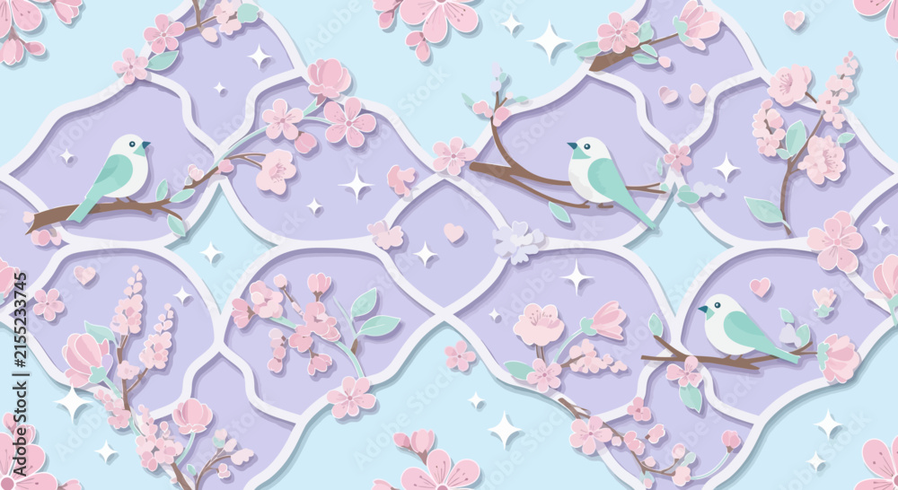 Fototapeta premium Pastel birds and cherry blossoms on decorative pattern