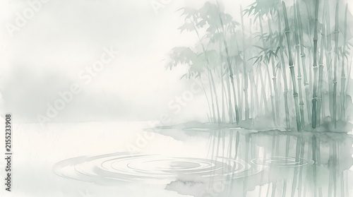 Serene misty bamboo forest reflecting on tranquil water with ripples traditional ink wash painting concept
