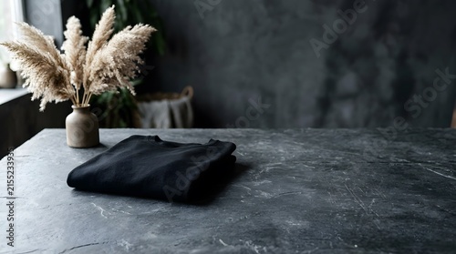 This elegantly styled interior scene showcases a neutral color palette featuring pampas grass a dark blanket and a textured marble or concrete surface creating