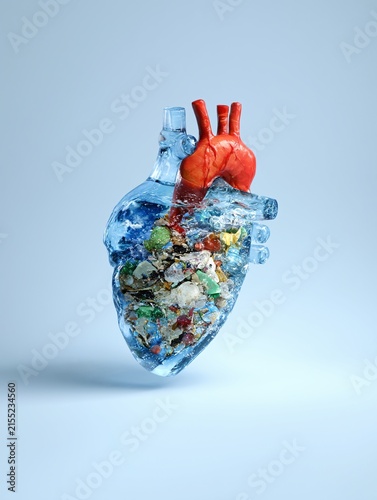 Artistic depiction of water pollution in the shape of a human heart overflowing with waste materials