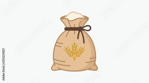 Burlap sack of white flour with wheat symbol isolated on plain background