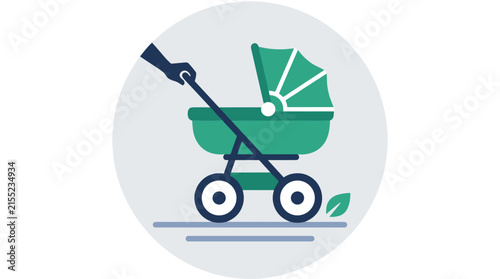 Minimalist Green Baby Stroller Illustration with Hand Pushing Carriage in Circle