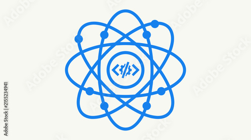 Blue Atom Symbol with Coding Brackets Icon for Software Development Technology