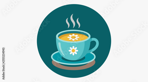 Flat Vector Illustration of a Hot Chamomile Tea Cup with Daisy Flowers and Steam