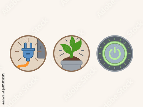 Green energy icons depicting power plug plant and start button for sustainable technology