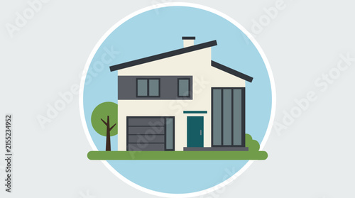 Flat Design Modern Residential House Icon with Garden for Real Estate Concept