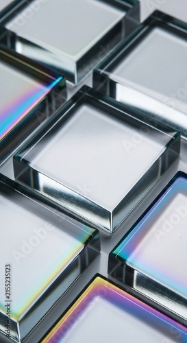 Transparent Glass Square Blocks Arranged in Geometric Pattern on White Surface