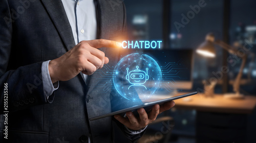Businessman using digital tablet to interact with virtual assistant chatbot hologram for customer service and automated business solutions