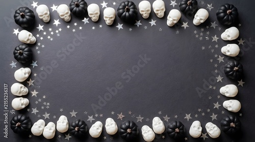 A spooky and creative halloween border composed of realistic looking teeth both dark and white arranged on a dark gray background creating a chilling