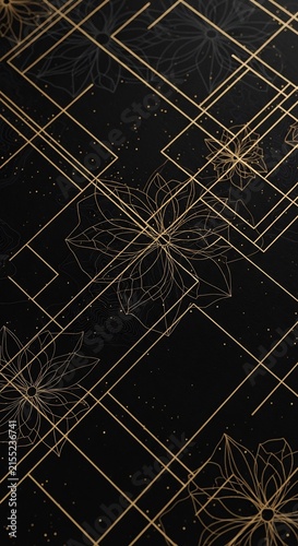 Golden geometric lines and floral motifs on black background