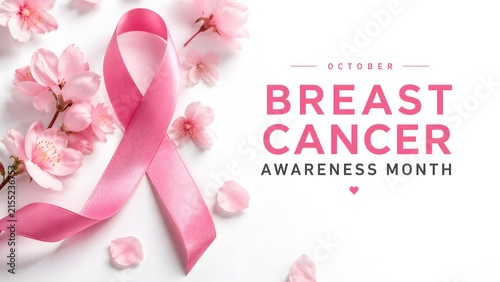 A beautiful pink ribbon with delicate flowers representing breast cancer awareness month for medical support and charity fundraising campaigns