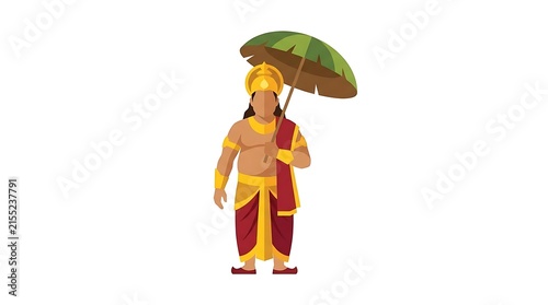 Vamana avatar of lord Vishnu standing gracefully while holding a large green umbrella wearing traditional gold jewelry and red clothing