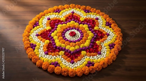 Vibrant floral rangoli pattern composed of orange marigolds yellow chrysanthemums purple globe amaranth and red rose petals on wooden floor