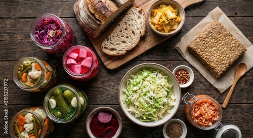 Assorted Fermented Foods and Artisan Bread on Rustic Wooden Table