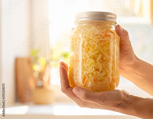 Hands hold a glass jar filled with shredded fermented cabbage and carrots in warm sunlight, showcasing sauerkraut and traditional fermentation