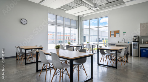 Empty modern employee break room in a warehouse facility