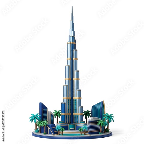 Stylized 3D miniature of Dubai featuring a futuristic skyscraper, modern buildings, palm trees, and a clean isolated presentation on a white background, beautifully rendered concept.