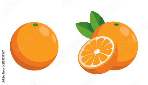 Fresh Whole Orange and Half Cut Citrus Fruit Vector Illustration Set with Green Leaves for Juice Packaging, Healthy Food, and Beverage Branding Graphic Designs