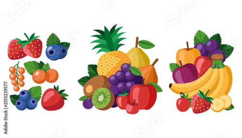 Fresh Organic Fruits and Berries Vector Illustration Set Featuring Strawberry, Blueberry, Banana, Apple, Pineapple, Kiwi, and Grapes for Healthy Food Branding Graphic Designs