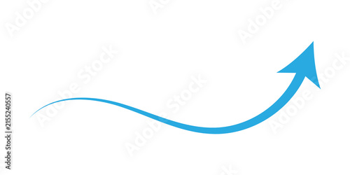 Simple blue curved arrow pointing up showing growth and progress