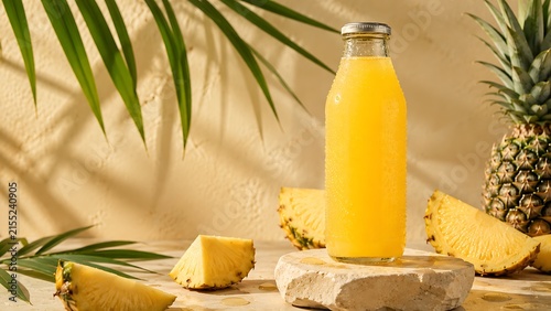 Premium pineapple juice bottle on limestone pedestal with fresh pineapple fruit and leaves, natural warm sunlight, luxury beverage branding and generous copy space