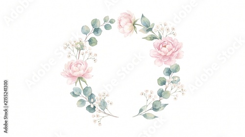Watercolor flower wreath with pink roses and eucalyptus leaves, watercolor