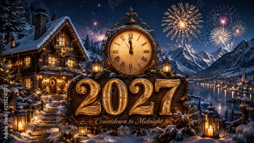 cozy snow-covered cabin by a lake with fireworks lighting the night sky, celebrating New Year's countdown to 2027 at midnight.