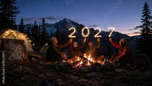 Four friends celebrate the new year 2027 around a campfire in a mountainous forest setting at dusk.