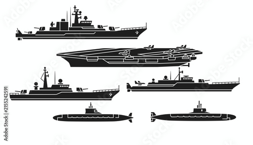 Collection of military naval ships and submarines silhouettes shown on clean white background for naval design projects.