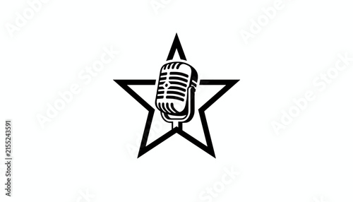 Retro style vocal microphone icon placed over a bold star shape, ideal for music podcast or radio logo design.