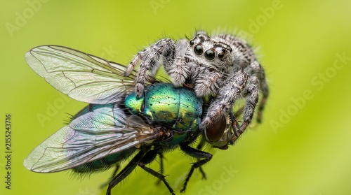 Jumping spider consuming a fly detailed macro photography