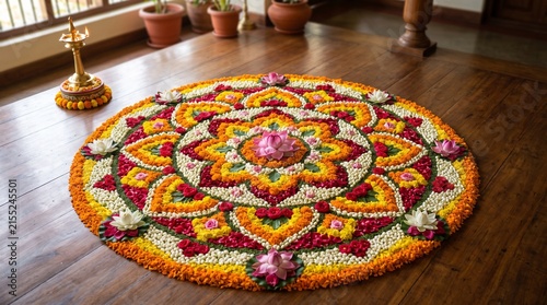 Intricate circular Onam pookalam floral carpet decoration featuring pink lotus center and marigold petals on polished wooden floor, accompanied by a brass oil lamp.