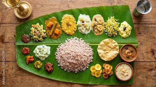 High angle flat lay view of authentic Kerala Onam Sadya vegetarian meal served on a wide banana leaf with red rice, various traditional curries, payasam, and crispy papadum.