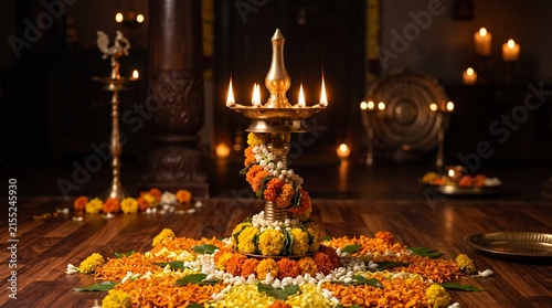 Traditional Kerala brass nilavilakku oil lamp lit with flames and wrapped with jasmine and marigold garlands, standing on a pookalam floral carpet on wooden floor.